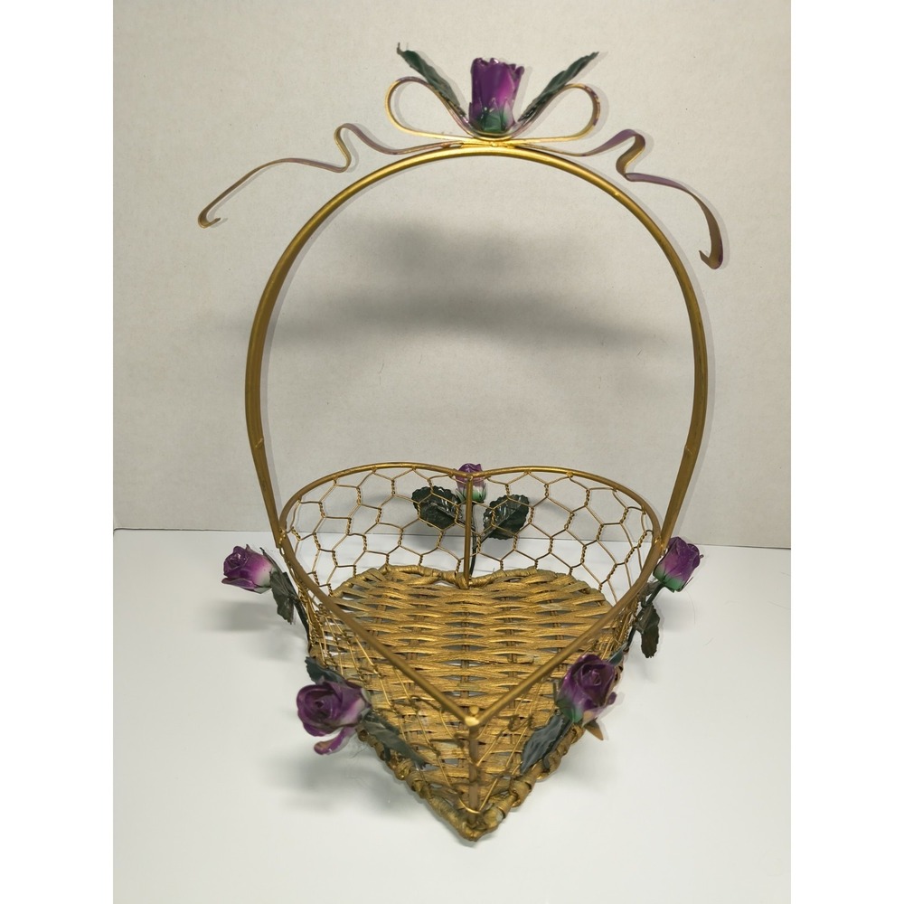 Gold Metal Heart Shaped Basket Purple Roses Wicker Bottom ~Display Storage Gift